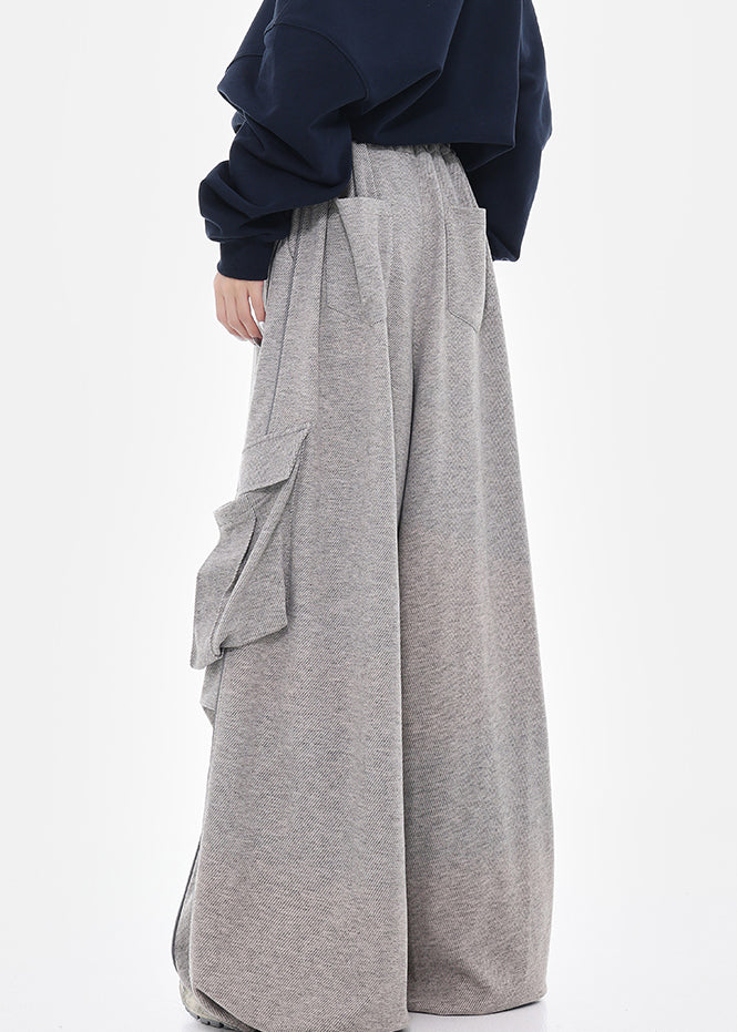 Stylish Grey Pockets Drawstring Cotton Wide Leg Pants Spring