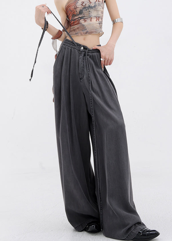 Stylish Grey Pockets Drawstring Denim Wide Leg Pants Summer