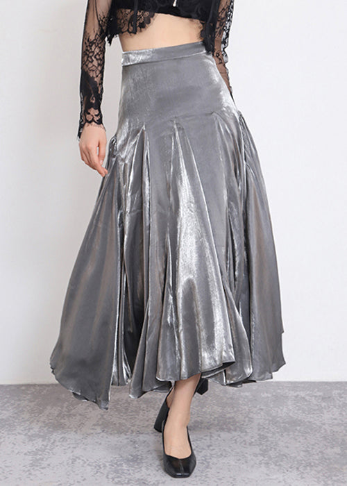 Stylish Grey Solid High Waist Silk Skirt Spring