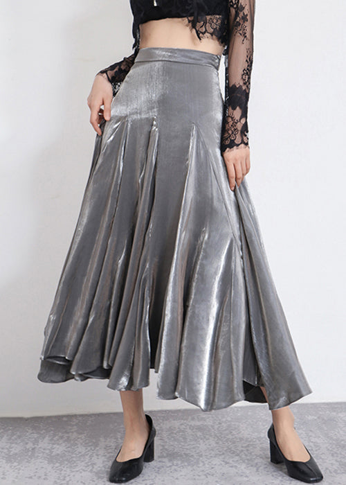 Stylish Grey Solid High Waist Silk Skirt Spring