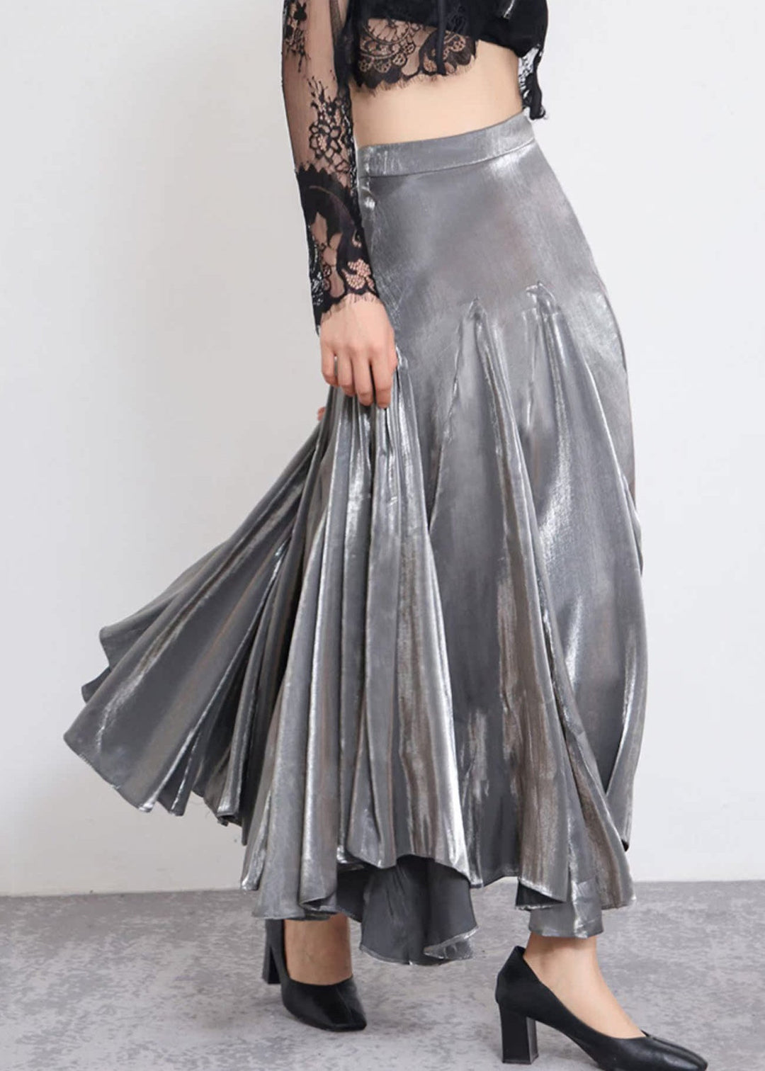 Stylish Grey Solid High Waist Silk Skirt Spring