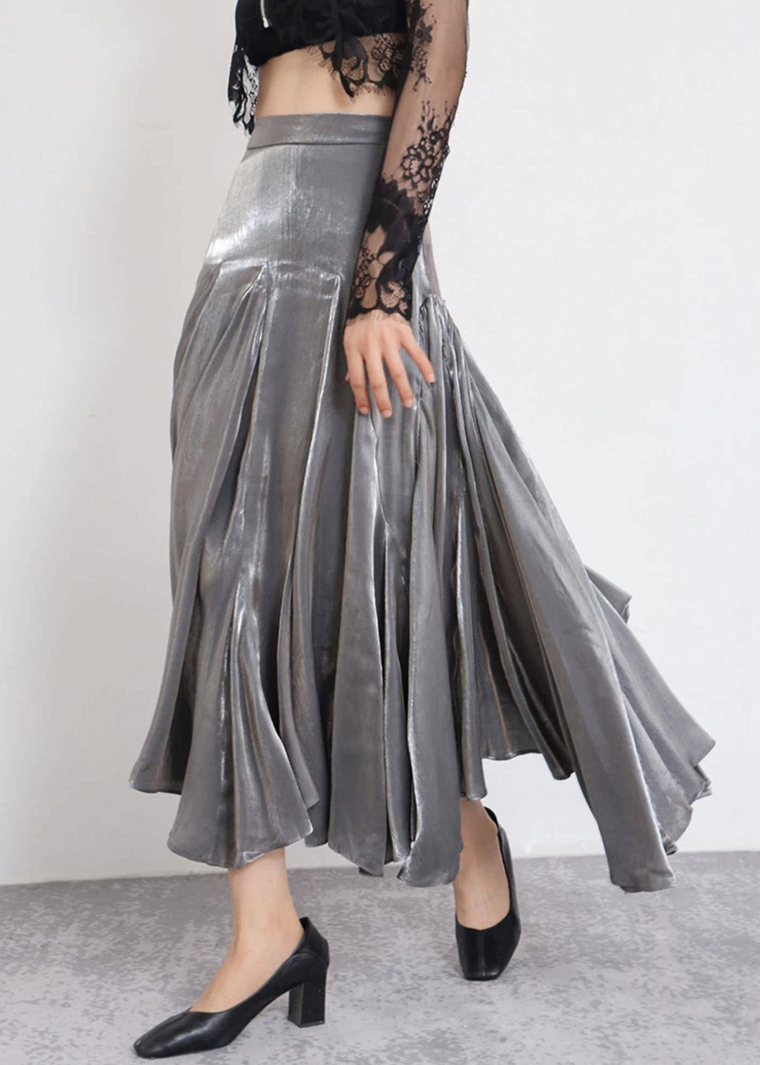 Stylish Grey Solid High Waist Silk Skirt Spring