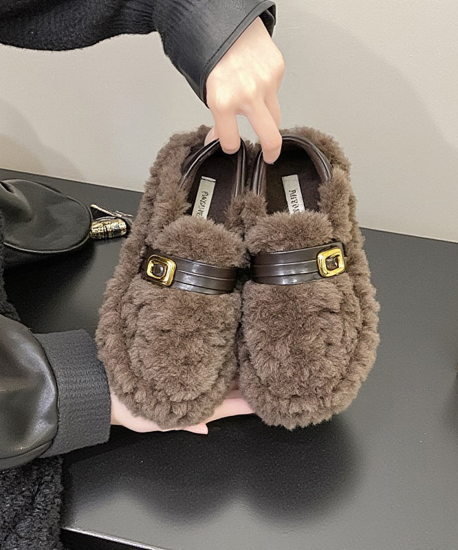 Stylish Khaki Fuzzy Fur Fluffy Splicing Comfy Flat Feet Shoes