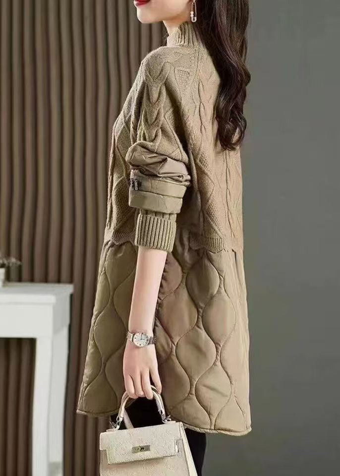 Stylish Khaki High Neck Thick Patchwork Knit Sweaters Fall