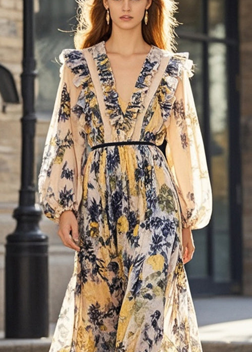 Stylish Khaki Ruffled Print Chiffon Dress Fall