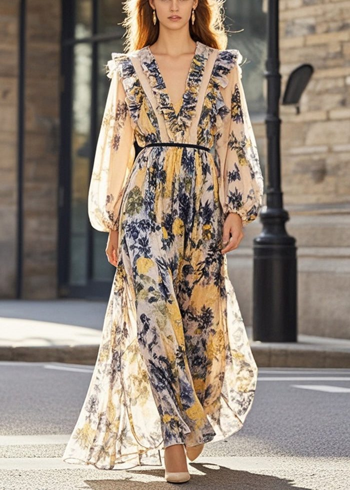 Stylish Khaki Ruffled Print Chiffon Dress Fall