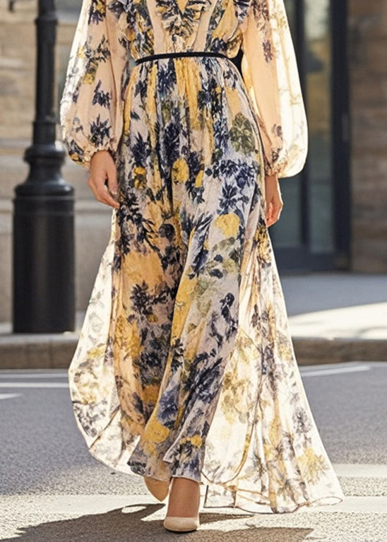 Stylish Khaki Ruffled Print Chiffon Dress Fall