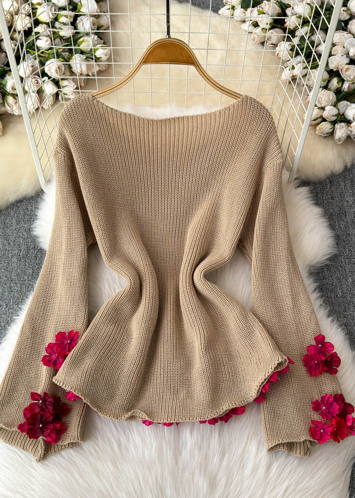 Stylish Khaki Slash Neck Floral Cotton Knit Sweaters Winter