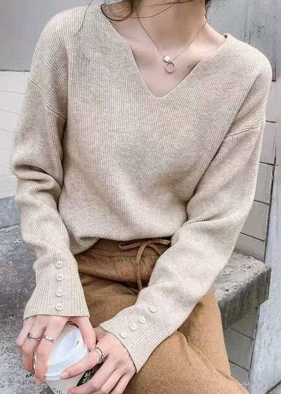 Stylish Khaki V Neck Solid Knit Sweater Spring