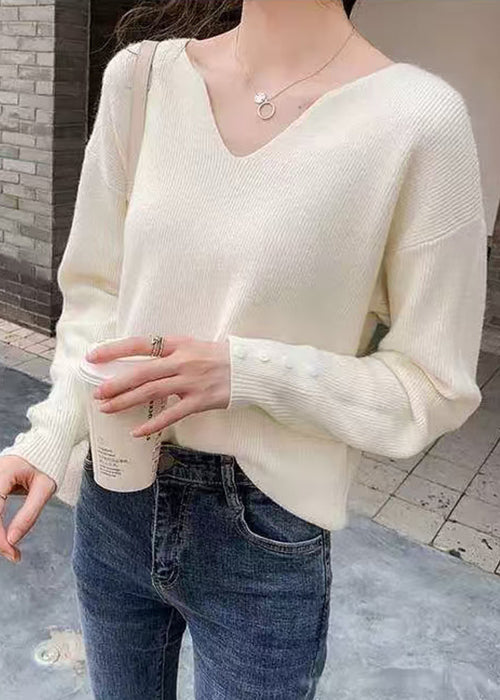 Stylish Khaki V Neck Solid Knit Sweater Spring