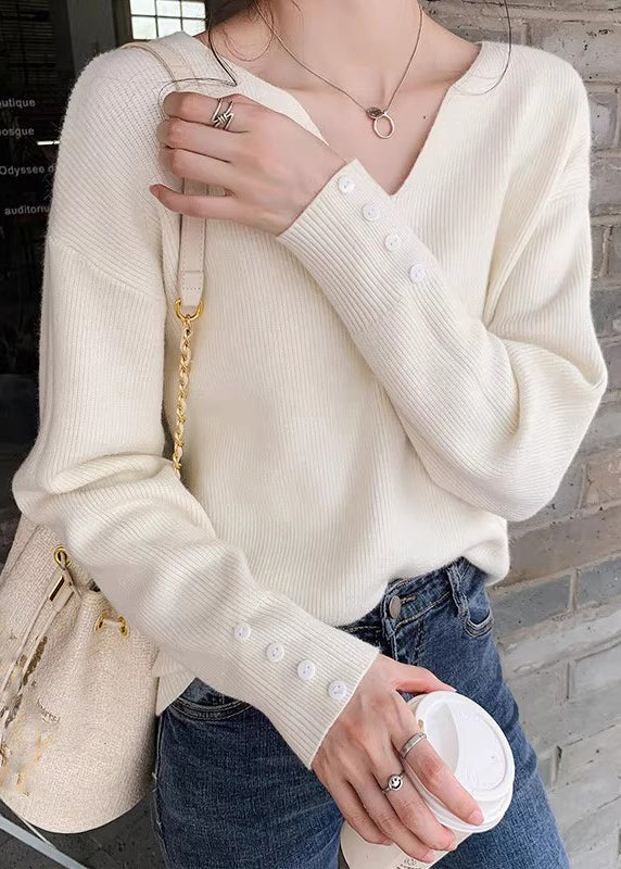 Stylish Khaki V Neck Solid Knit Sweater Spring