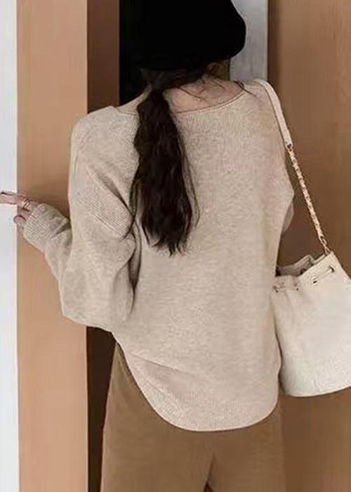 Stylish Khaki V Neck Solid Knit Sweater Spring