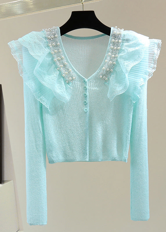 Stylish Lake Blue V Neck Nail Bea Lace Patchwork Cotton Knit Sweater Spring