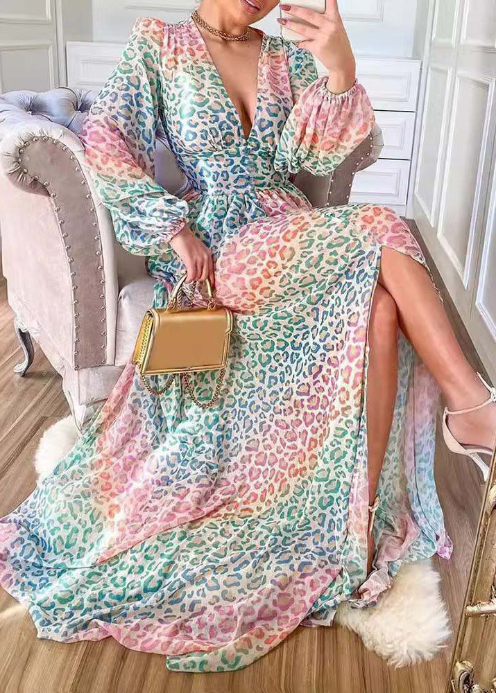 Stylish Leopard V Neck Side Open Cotton Long Dress Lantern Sleeve