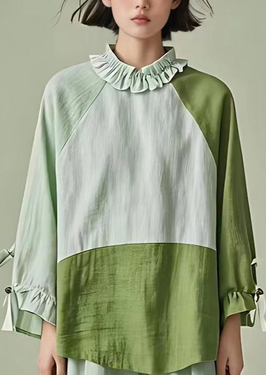 Stylish Light Green Ruffled Patchwork Cotton Blouses Long Sleeve