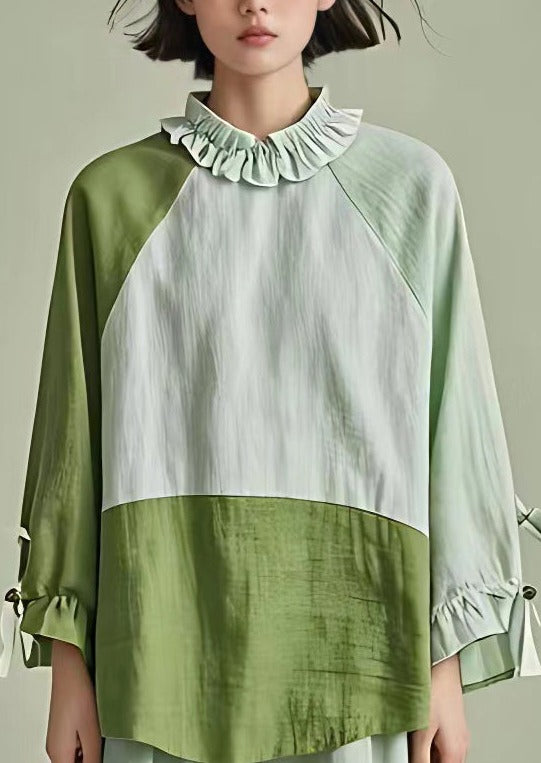 Stylish Light Green Ruffled Patchwork Cotton Blouses Long Sleeve