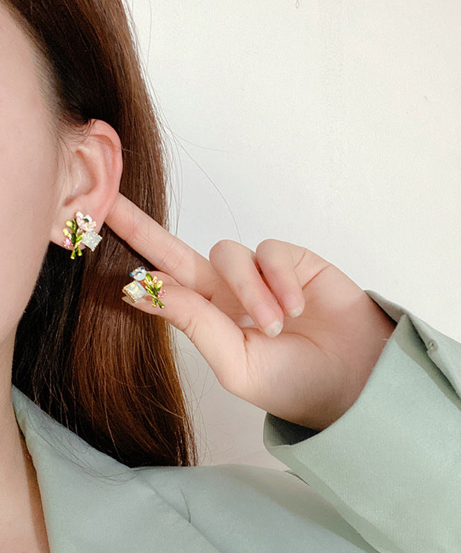 Stylish Multicolour Alloy Floral Enamel Stud Earrings