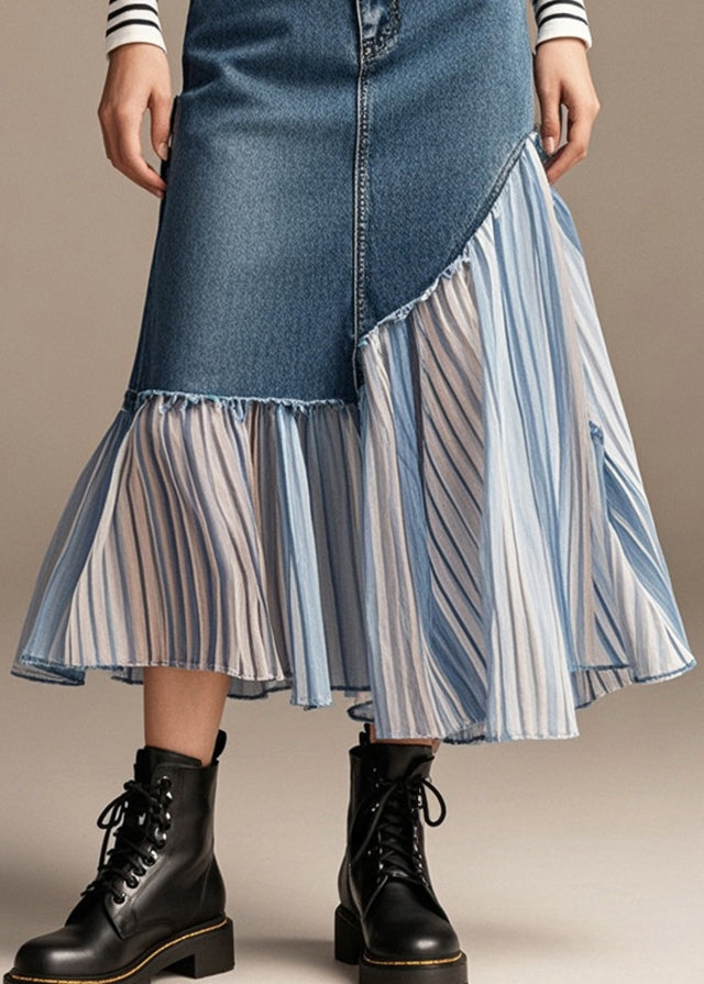 Stylish Navy Asymmetrical Patchwork Denim Pleated Skirt Spring