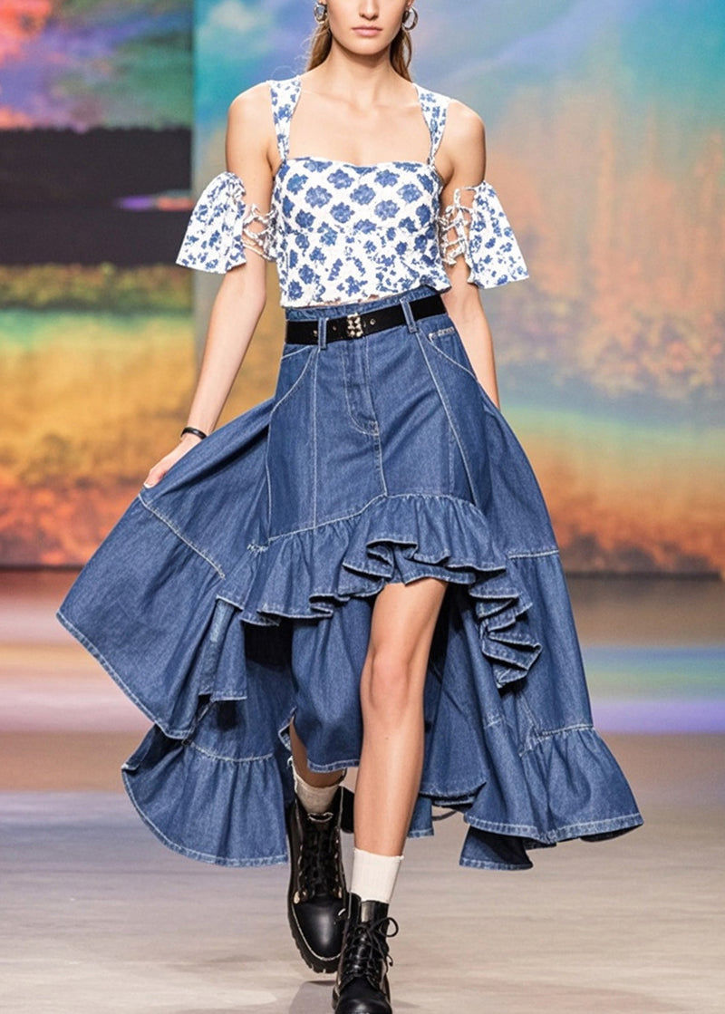 Stylish Navy Asymmetrical Patchwork Ruffles Denim Skirts Spring