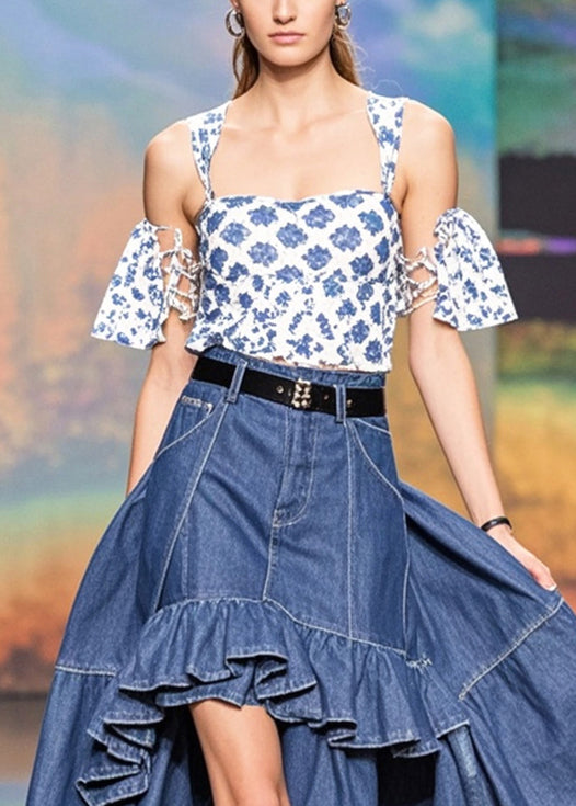 Stylish Navy Asymmetrical Patchwork Ruffles Denim Skirts Spring