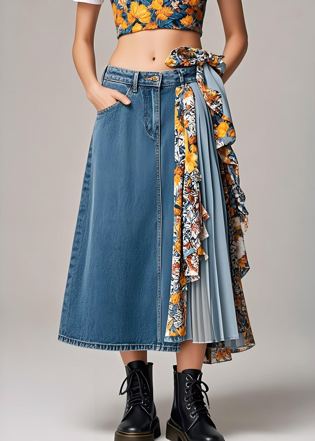 Stylish Navy Asymmetrical Patchwork Wrinkled Denim Skirts Spring