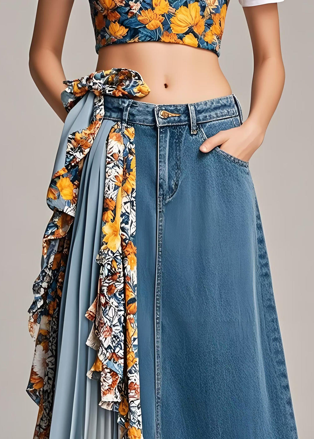 Stylish Navy Asymmetrical Patchwork Wrinkled Denim Skirts Spring