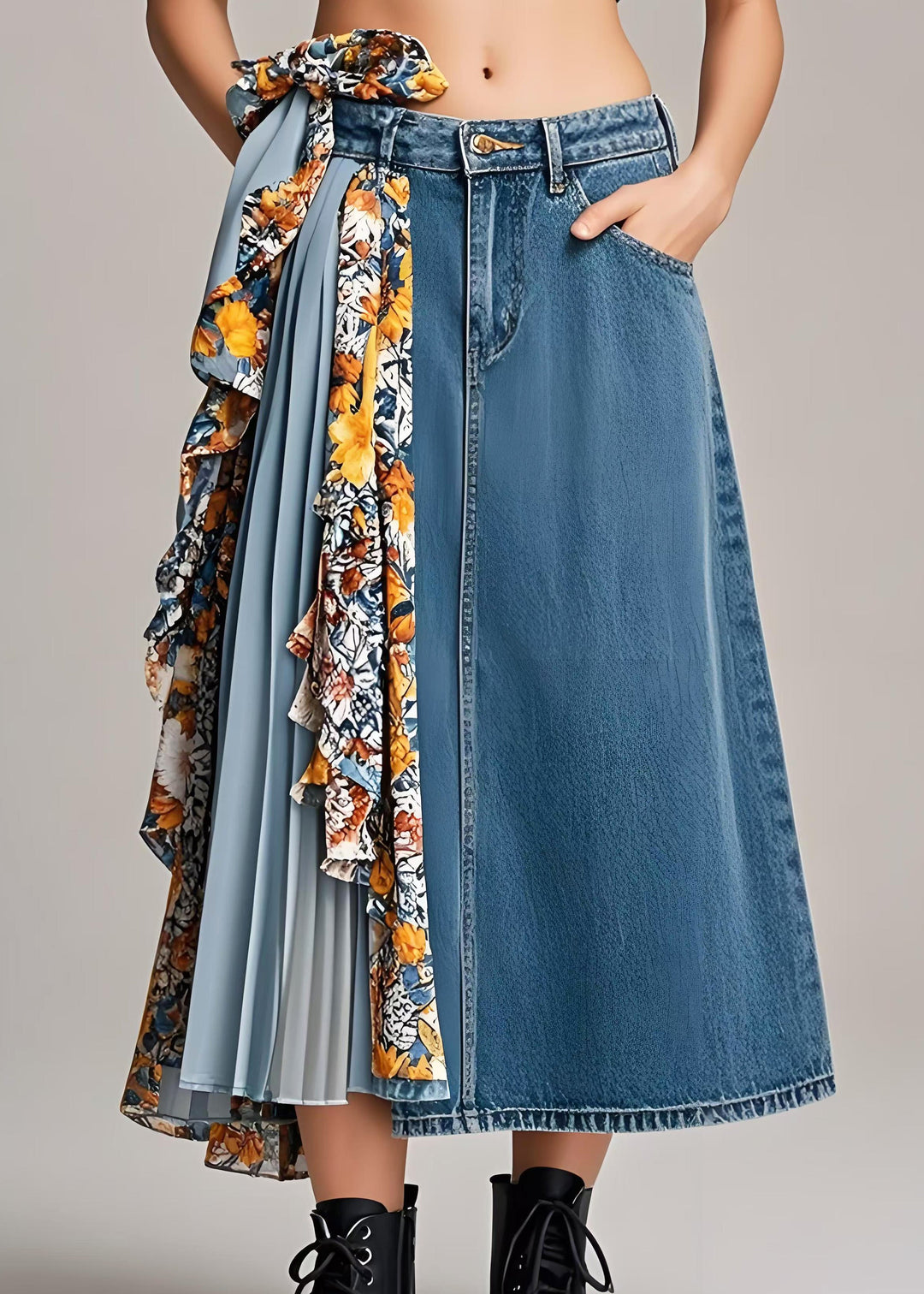 Stylish Navy Asymmetrical Patchwork Wrinkled Denim Skirts Spring