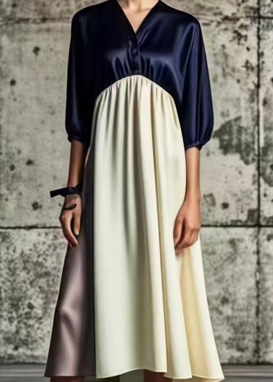 Stylish Navy V Neck Patchwork Silk Long Dress Summer