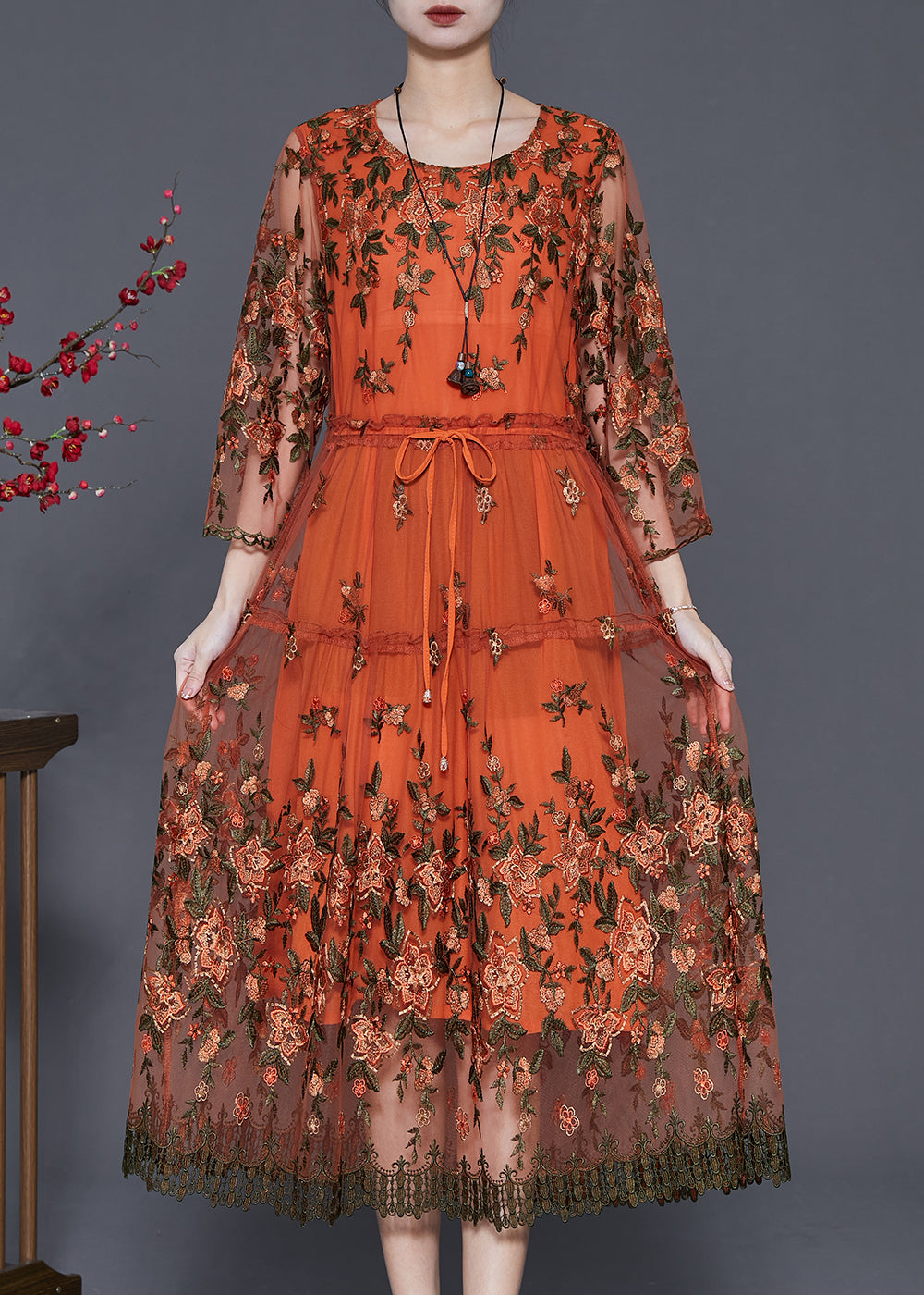 Stylish Orange Embroidered Drawstring Tulle Dress Summer