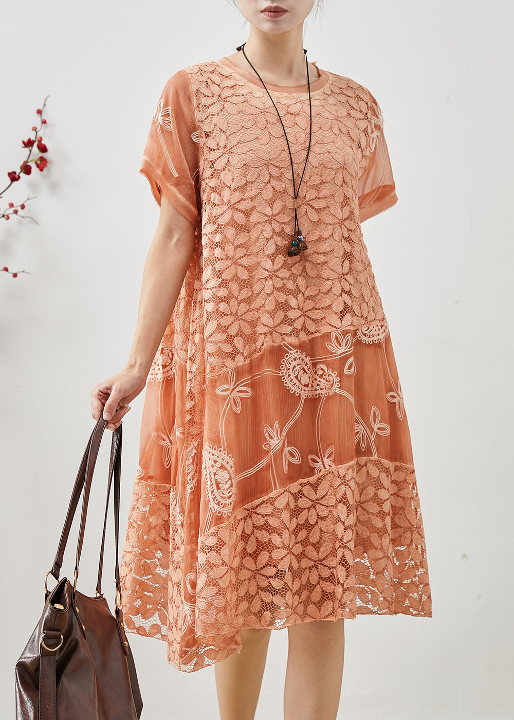 Stylish Orange Embroidered Patchwork Lace Day Dress Summer