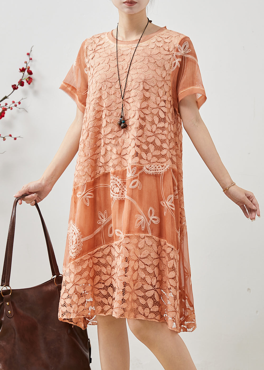 Stylish Orange Embroidered Patchwork Lace Day Dress Summer