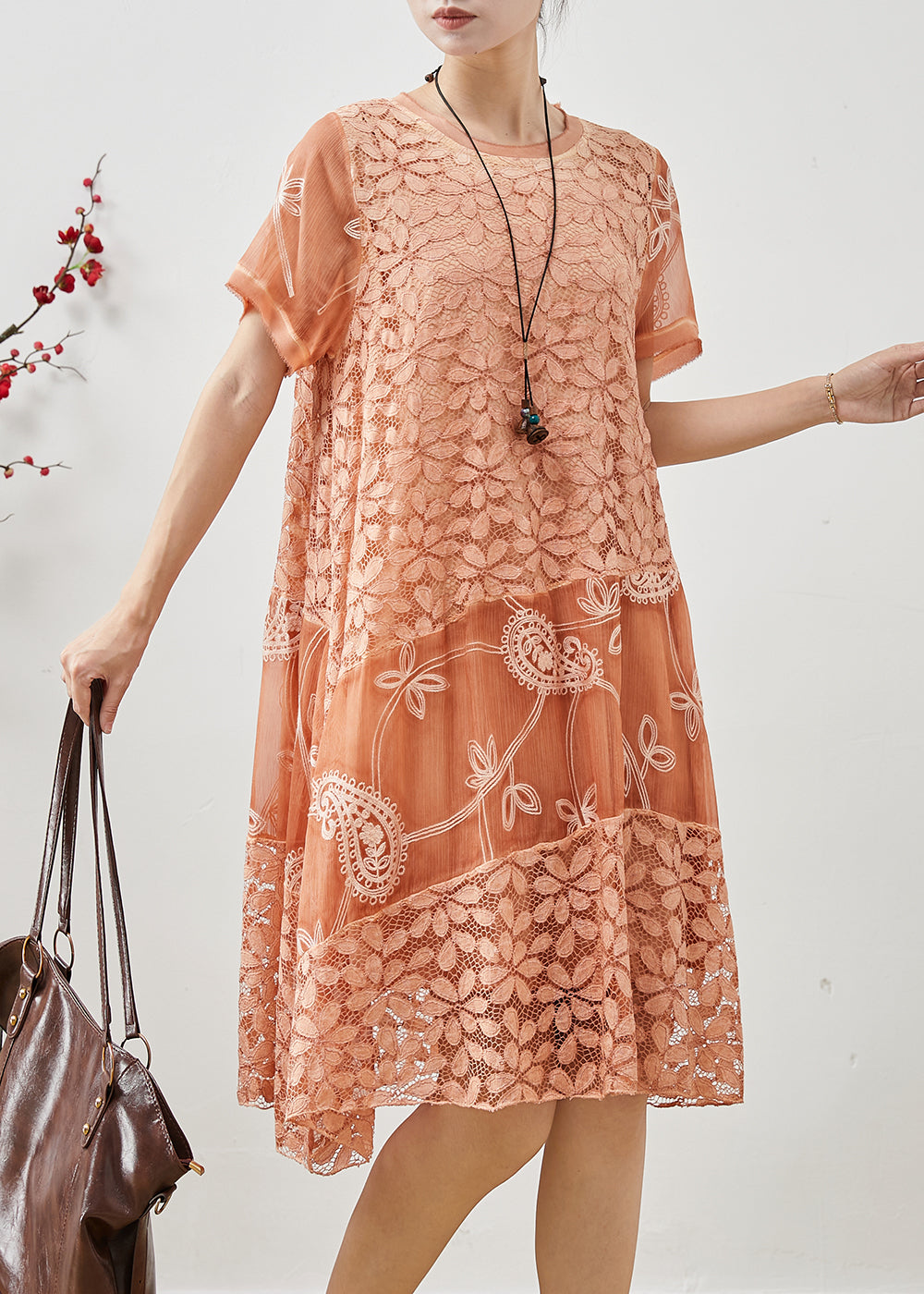 Stylish Orange Embroidered Patchwork Lace Day Dress Summer