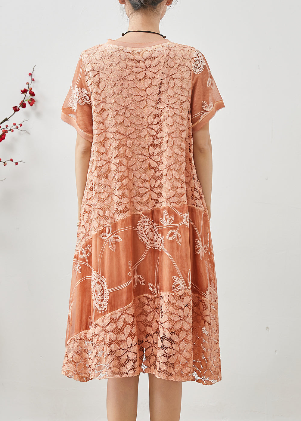 Stylish Orange Embroidered Patchwork Lace Day Dress Summer