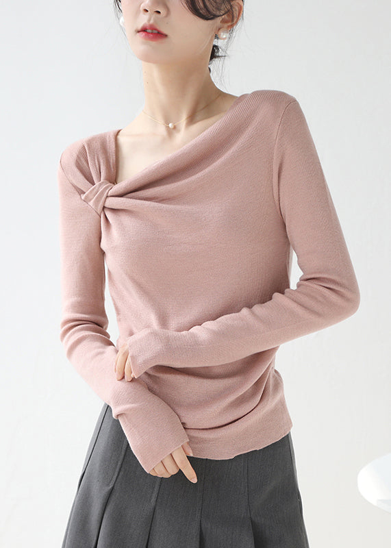 Stylish Pink Asymmetrical Wrinkled Knit Top Spring