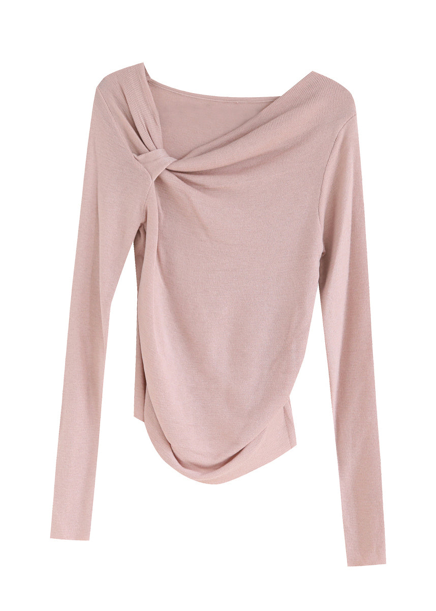 Stylish Pink Asymmetrical Wrinkled Knit Top Spring