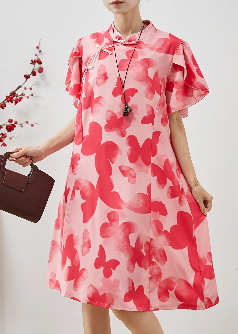 Stylish Pink Butterfly Chiffon Cheongsam Dresses Petal Sleeve