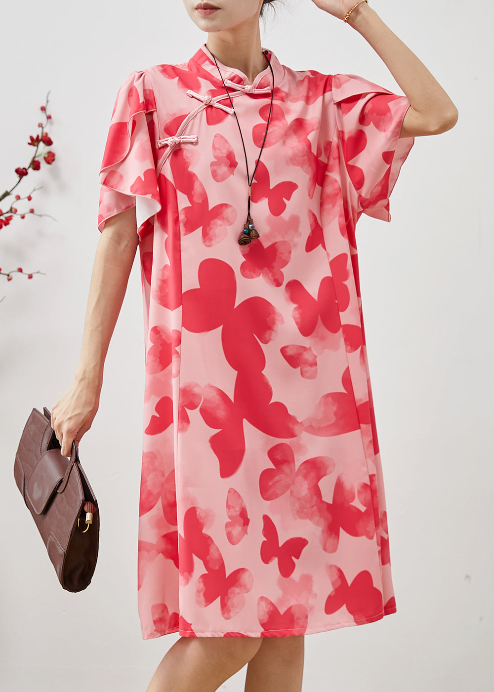 Stylish Pink Butterfly Chiffon Cheongsam Dresses Petal Sleeve