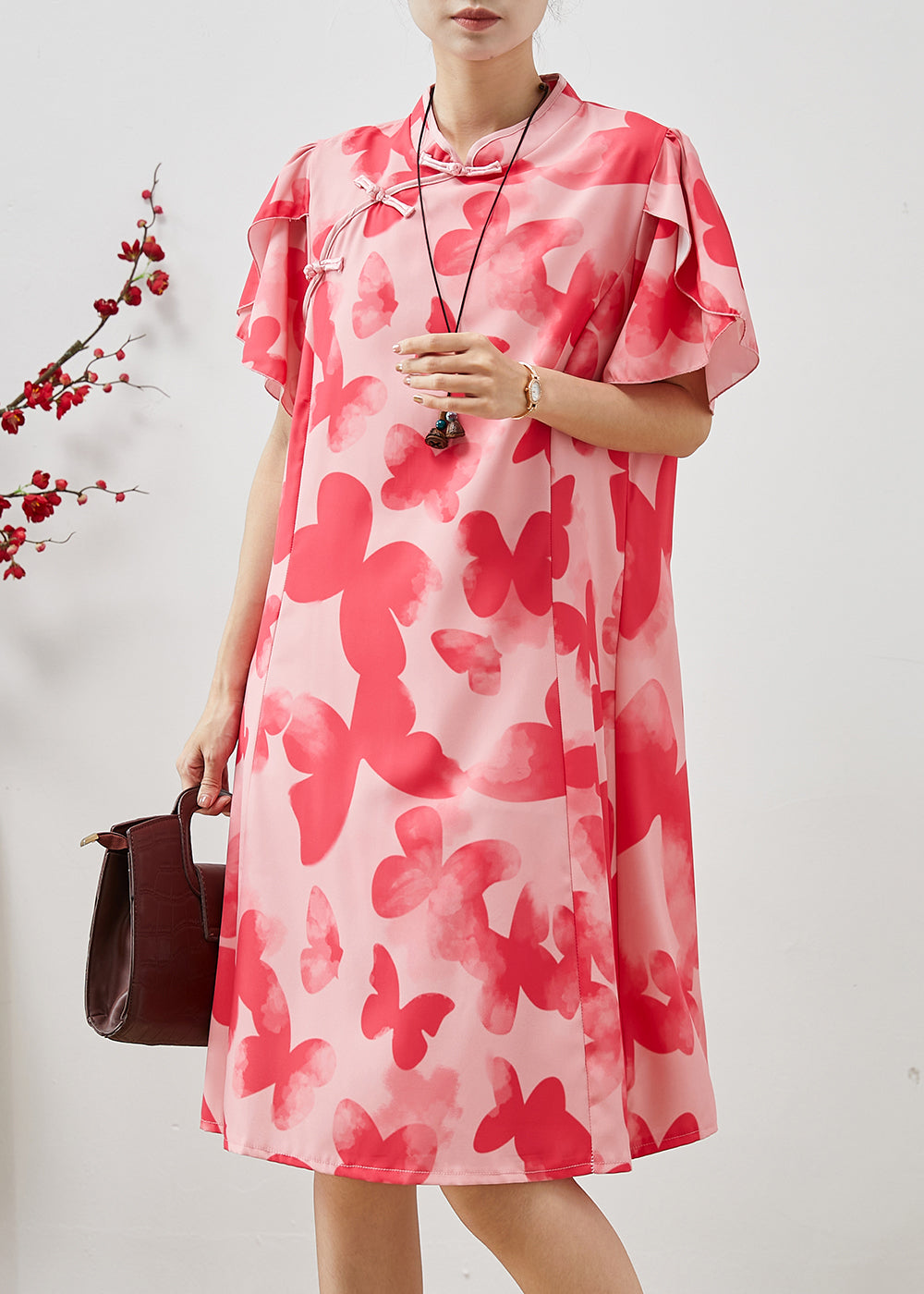 Stylish Pink Butterfly Chiffon Cheongsam Dresses Petal Sleeve