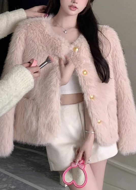 Stylish Pink Pockets Faux Fur Jacket Winter