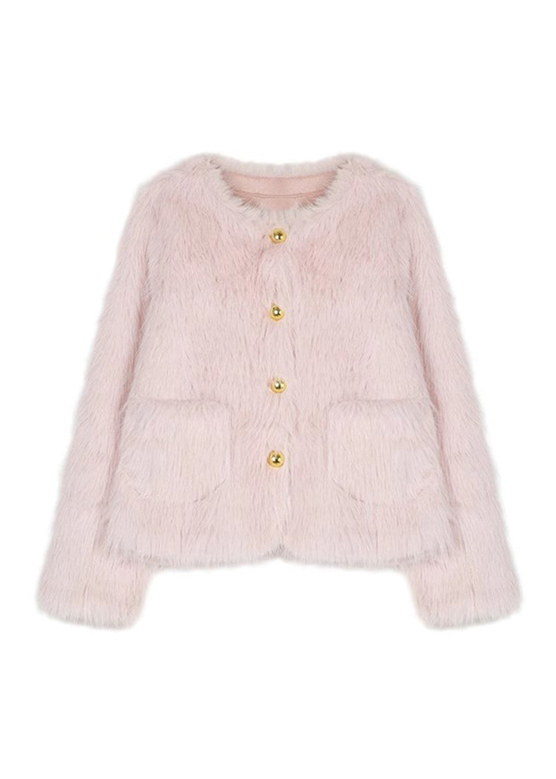 Stylish Pink Pockets Faux Fur Jacket Winter