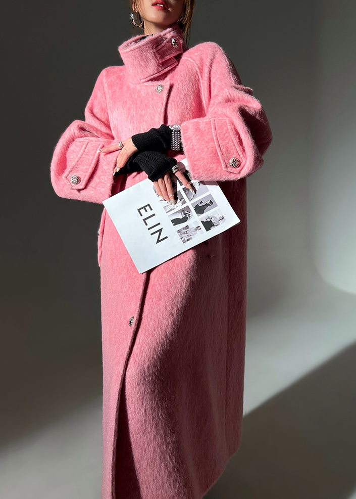 Stylish Pink Stand Collar Pockets Button Woolen Coat Winter