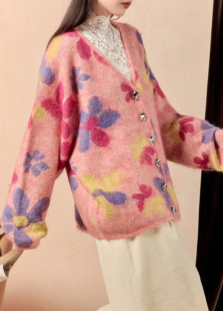 Stylish Pink V Neck Button Print Knit Cardigans Winter