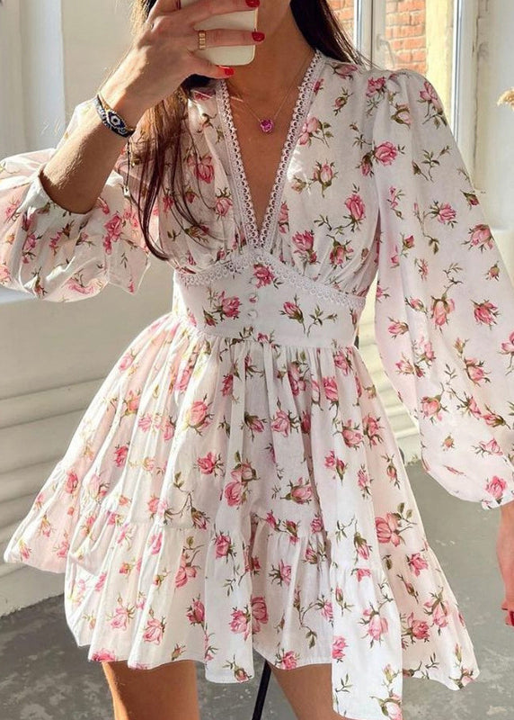 Stylish Pink V Neck Print Lace Cotton Mid Dress Spring