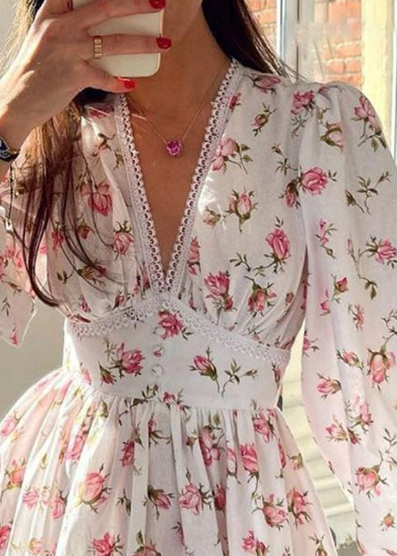 Stylish Pink V Neck Print Lace Cotton Mid Dress Spring