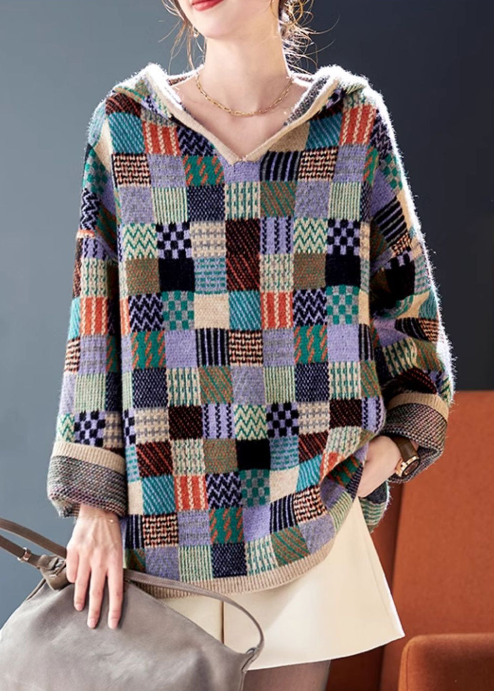 Stylish Plaid Hooded Patchwork Knit Sweater Spring