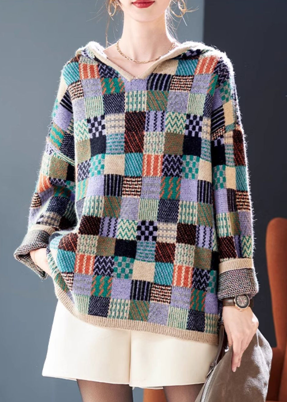 Stylish Plaid Hooded Patchwork Knit Sweater Spring