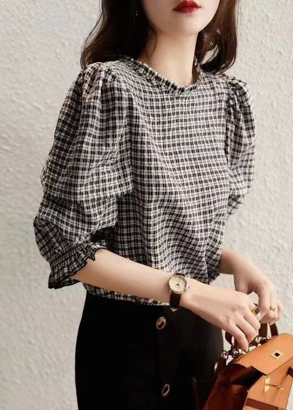 Stylish Plaid Ruffled Button Cotton Shirt Half Sleeve