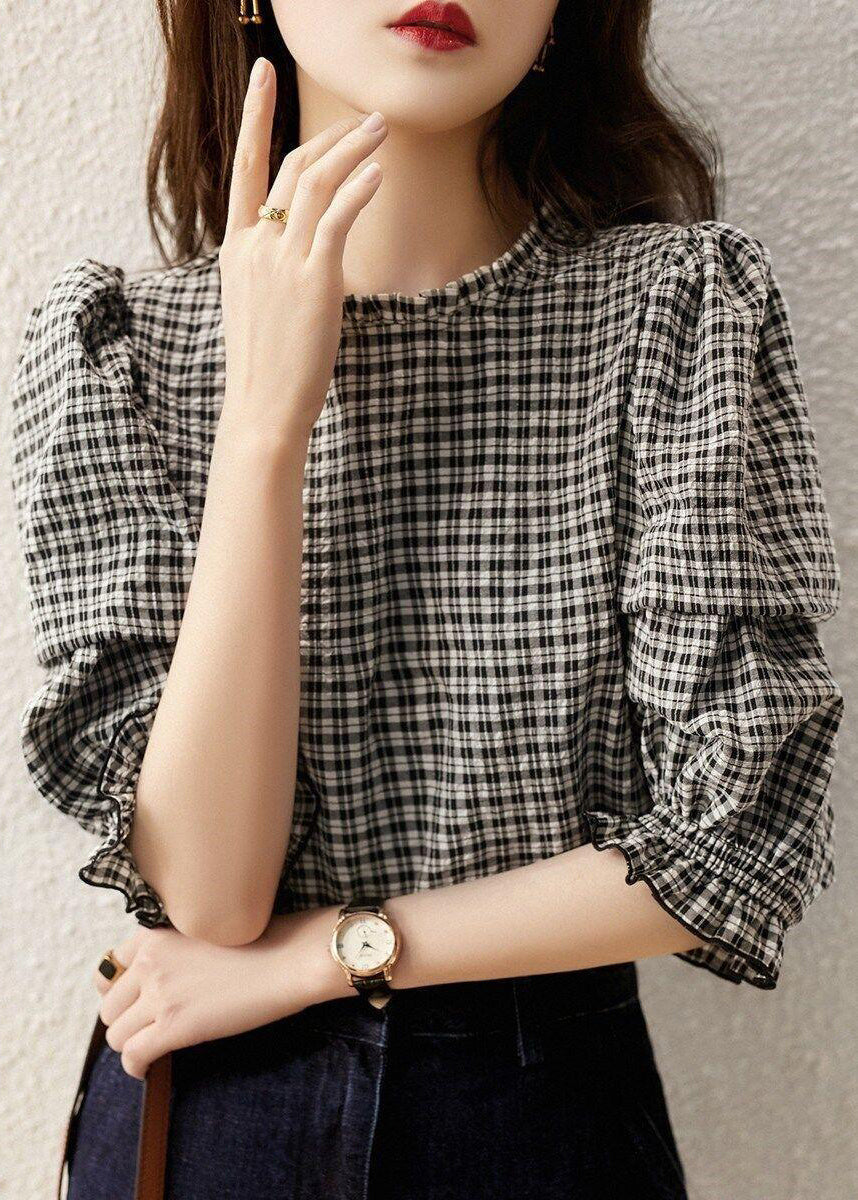 Stylish Plaid Ruffled Button Cotton Shirt Half Sleeve