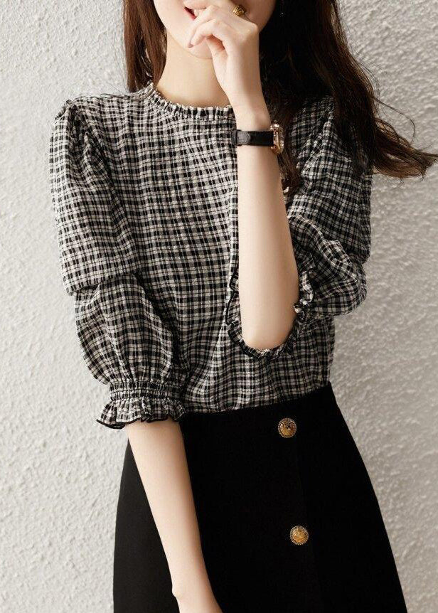 Stylish Plaid Ruffled Button Cotton Shirt Half Sleeve