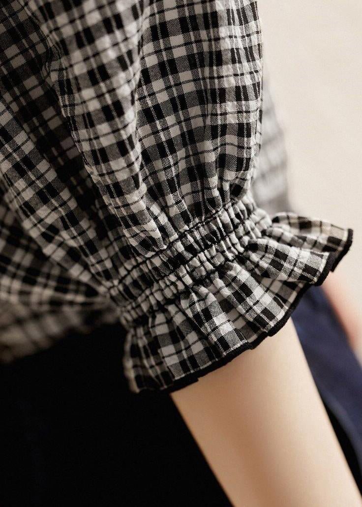 Stylish Plaid Ruffled Button Cotton Shirt Half Sleeve